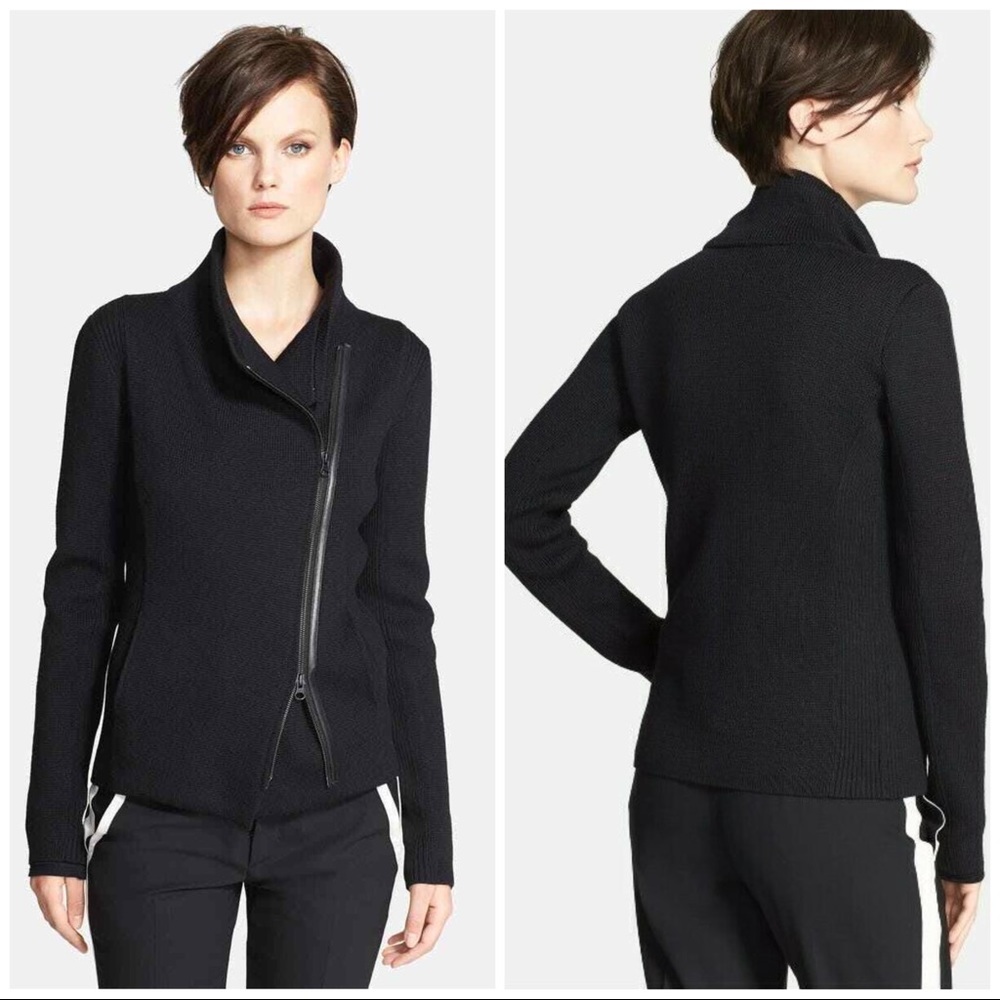 Vince Wool + Leather Trim Knit Moto Jacket in Black XS NWOT